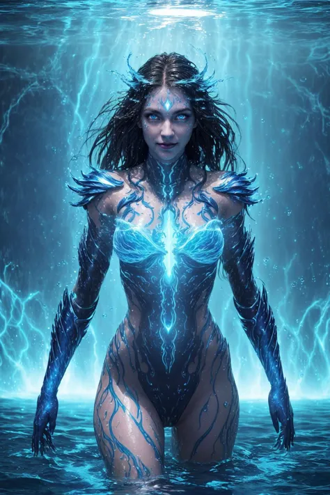 A beautiful and seductive female surrounded by an aquatic hurricane fused with thunders, conductive elemental entity, flawless body formed from pure water, floating aquatic particles in the air, elemental powers, ghost armor infused with magic, azure blue ...