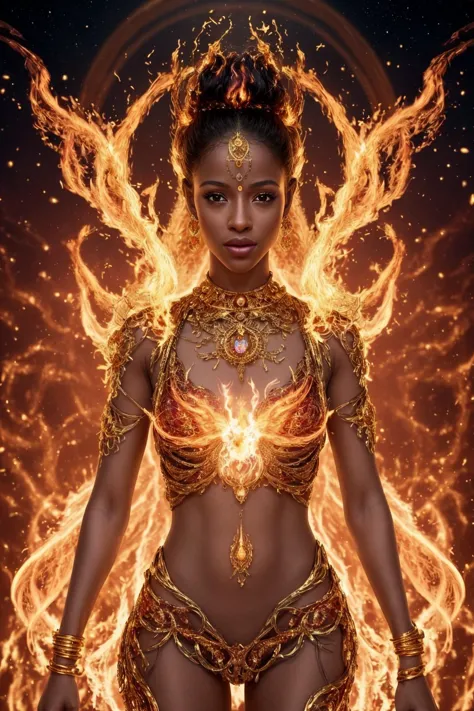 A [colorful depiction : real life photo : 0.75] of a woman, intricate golden jewelry, flaming skin,
particle cloud, dark environ...