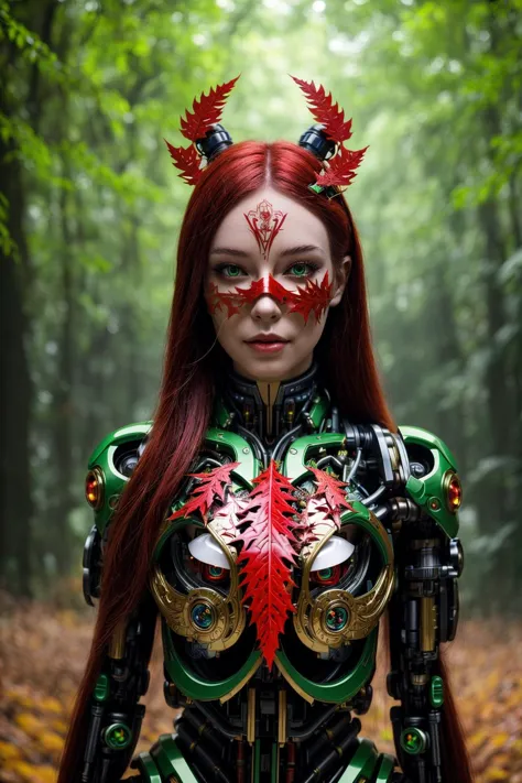 An ultra-detailed photography of a beautiful female cyborg with an intricate porcelain mask that is surrounded by lush green forest and red leaves in a cyberpunk futuristic city at night.