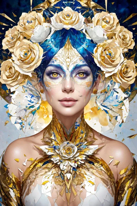 An abstract geometrical painting of woman's face, golden and white roses, detailed symmetric circular iris, shattered paper frag...