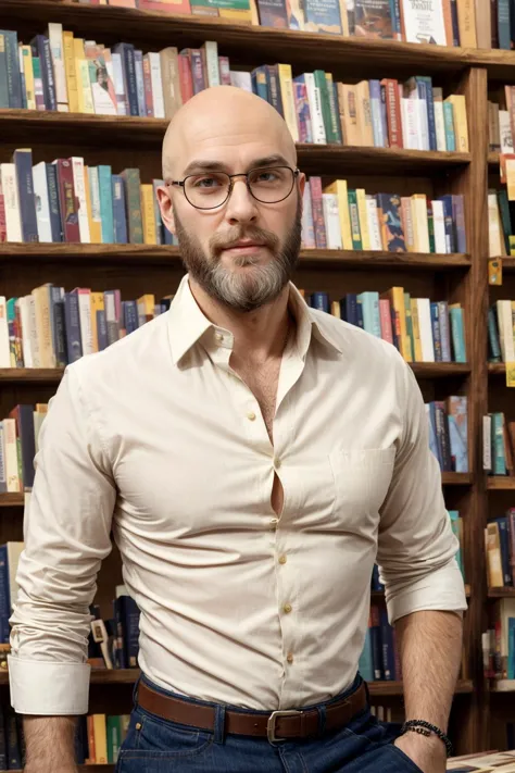 An attractive bald man inside a small bookshop, beard, modern ivory shirt, unbuttoned collar, bracelets