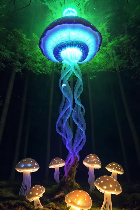 A jellyfish forest with mushrooms glowing in the dark, a forest fantasy in a nature scenery, 
<cdt:d1=2;d2=2;hrs=1;hd1=2;hd2=2;st1=12;st2=0>