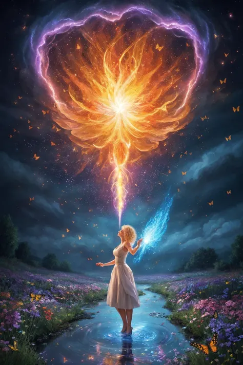 A charming 24 yo Swedish curly blonde stands on an ephemeral stream surface BREAK 
flowers, chaotic fireflies, butterflies, magic particles clouds, reflections, shifted reality, elemental rage, fierce magic tornado, heartbreaking fantasy art, mind-blowing ...