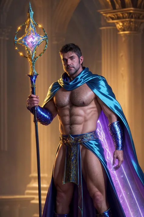 [A photo of :0.125] a medieval fantasy mage, mysterious muscular man surrounded by swirling silky magic in a room full of shiny crystals, caustics, intricate wizard robe, wizard cowl, , elegant magical staff, , dramatic angle, atmospheric glow, manly, stub...