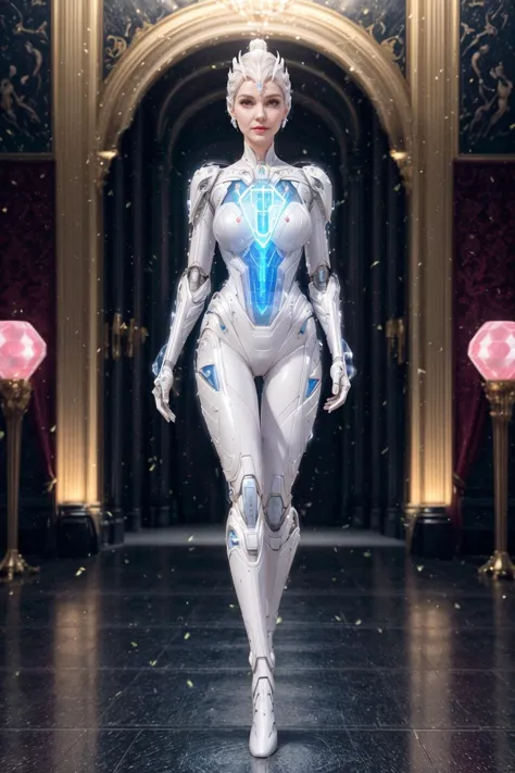 An emotional bioceramic cyborg with a charming face and elegant feminine shapes, glowing gaps, enriched krypton reactor, catwalk...