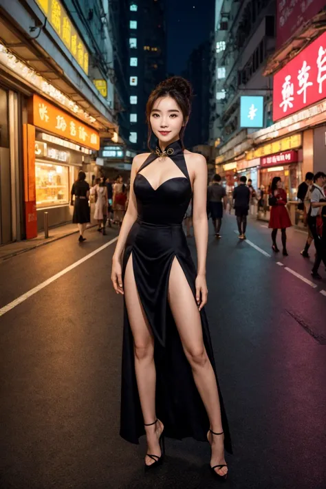 <'EM_1'> holding a rose poses with her leg aside BREAK
A well lit woman poses on a dark night Hong Kong empty street wearing a f...