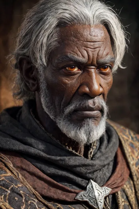 Detailed and realistic close shot portrait photo of an old, angry, gray haired African-looking wizard, medieval black and rust-c...