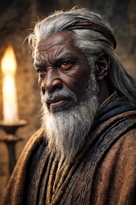 Detailed and realistic close shot portrait photo of an old, angry, gray haired African-looking wizard, medieval black and rust-c...