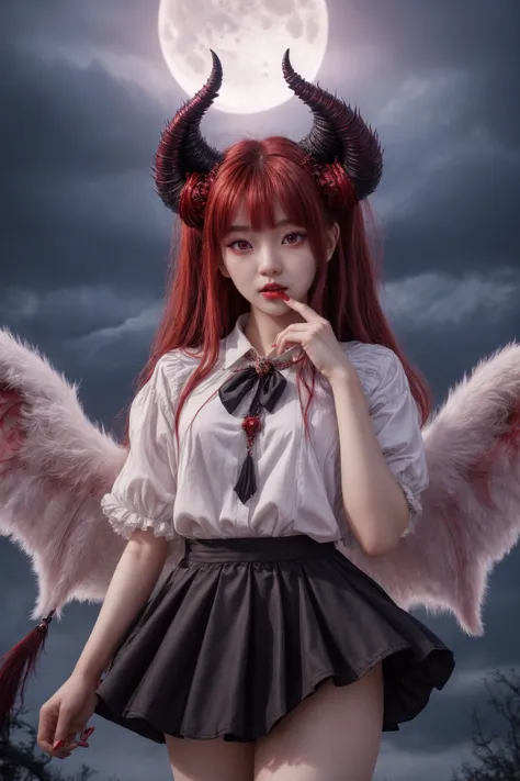 A high quality photo of a red eyed young demon ulzzang looking woman with demonic horns, wings and a tail wearing a skirt castin...