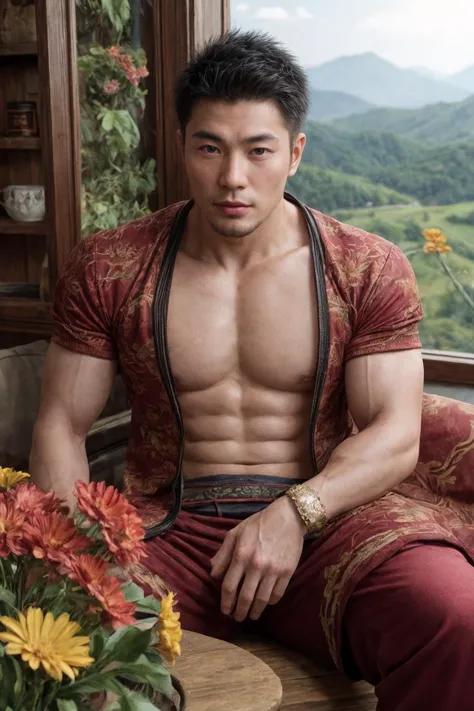 A photoportrait of a gruff muscular Chinese man wearing stylish clothes in a cozy mountain inn overlooking a valley, manly, athl...