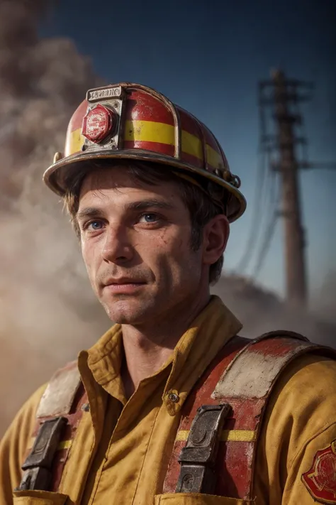 A high quality professional closeup photo of a fireman with dust and scratches on his skin with serious eyes wearing a headpiece...