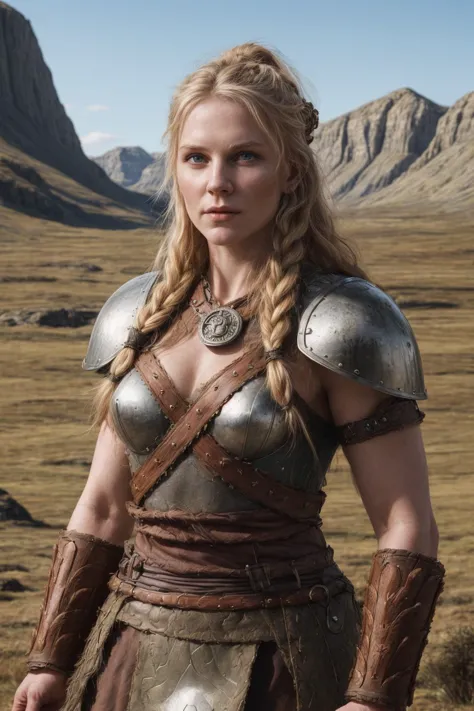A portrait of a fierce Viking shieldmaiden, embodying bravery and resilience in a rugged landscape
