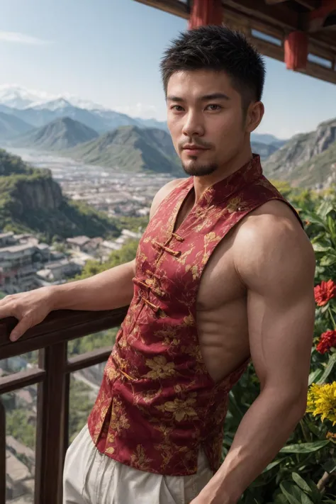 A photo portrait of a gruff muscular Chinese man wearing stylish clothes in a cozy mountain inn overlooking a valley, manly, ath...
