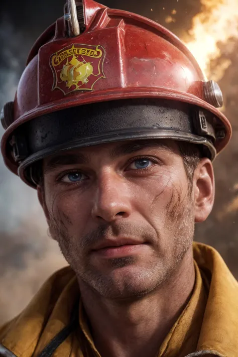A high quality professional closeup photo of a fireman with dust and scratches on his skin with serious eyes wearing a headpiece...