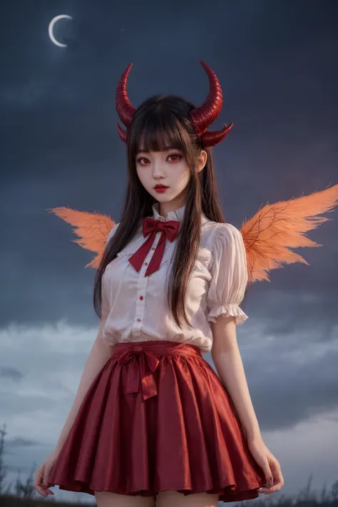 A high quality photo of a red eyed young demon ulzzang looking woman with demonic horns, wings and a tail wearing a skirt castin...