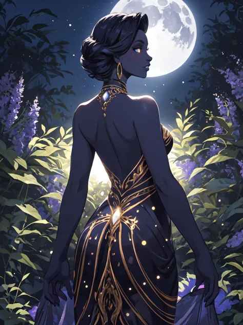 A shining silhouette of a looking back mystique black woman with her deep bright glowing eyes wearing an elegant dress with bare...