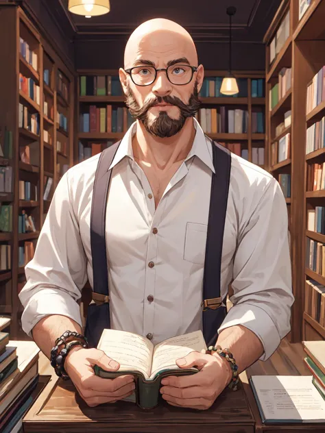 A handsome bald man inside a small bookshop with a beard wearing a modern ivory shirt and bracelets