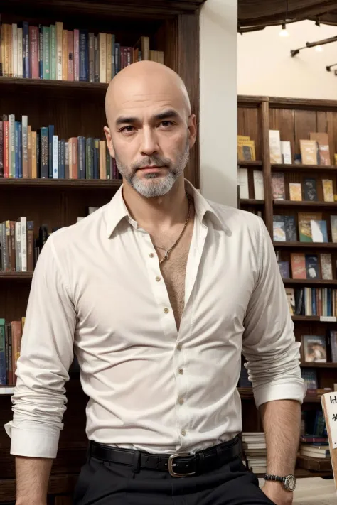 An attractive bald man inside a small bookshop,
beard,
modern ivory shirt, unbuttoned collar, bracelets