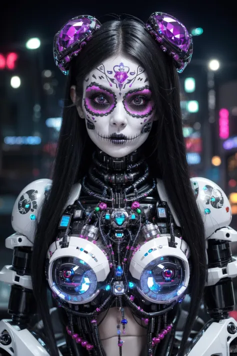 a feminine cyber demon, sugar skull makeup, augmented gemstones, robotic parts, cables, wires, microchips, tungsten