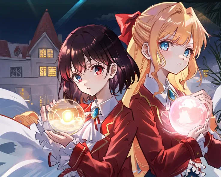 anime girls holding up a crystal ball in front of a building