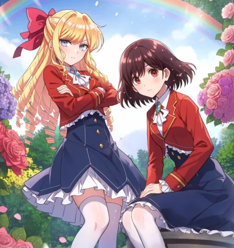 anime image of two girls in school uniforms sitting on a bench