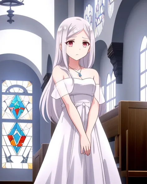 anime girl in white dress standing in front of stained glass window