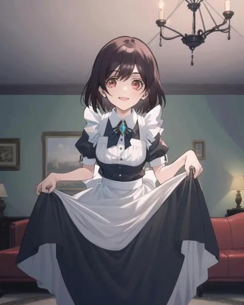 anime character in maid outfit standing in a living room with a chandelier