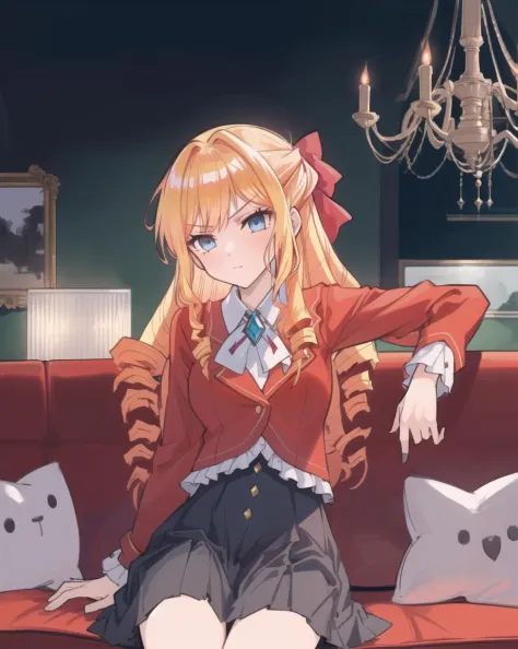 anime girl sitting on a couch with a cat on the floor