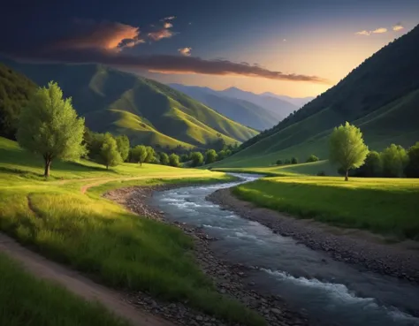 realism photo stream in a valley trees along the bank, rolling hills mountain in the background, nature landscape, landscape wallpaper, mountain night landscape, beautifully lit landscape, mountains background