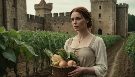 arafed woman holding a basket of vegetables in front of a castle