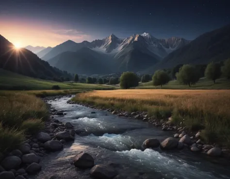 realism photo stream in a valley with a mountain in the background, nature landscape, landscape wallpaper, mountain night landscape, beautifully lit landscape, mountains background