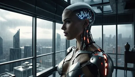 a woman in a futuristic suit looks out a window at a city