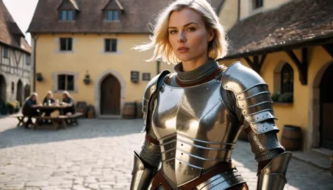 blond woman in armor standing in a courtyard with a table and chairs