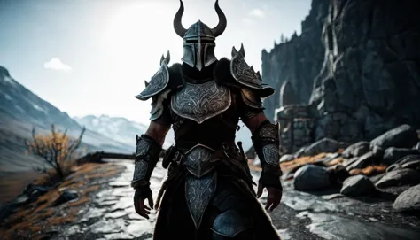 cinematic film still, (movie still) from skyrim, the dragonborn, walking towards camera, solo, muscular, dark fantasy \(setting\...