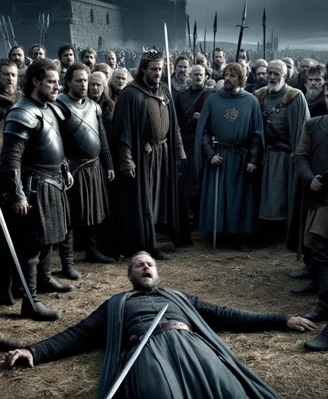 game of thrones, fake movie screencap, raw, the image shows a scene from a movie or tv show where a man is lying on the floor, h...