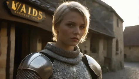 (Cinematic Film Still), European woman, tomboy, solo, short blonde hair, serious expression, beautiful hazel eyes, skimpy medieval steel plate armor with chainmail, in front of a pub in a medieval village, athletic physique, highly detailed skin, crepuscular rays, shadows, crisp image, medium depth of field, natural lighting, [reflective armor], 50mm, F/4 prime lens, (extremely detailed), film grain, Kodak Portra 400, soft focus, medieval film still, authentic, cowboy shot