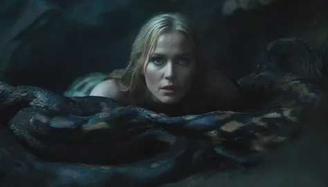 (cinematic still frame), movie still, norse female goddess, ((hel)), pale skin, blonde hair, blue eyes, lying in a pit of snakes...