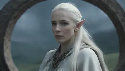 cinematic film still, movie still from lord of the rings, breathtakingly beautiful high elf woman, elf ears, flowing white hair,...