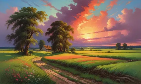 astonishing superb masterpiece landscape depicting verdant field fringed with woods, glowing with evening light under rubicund satisfied pinkish hued nightfall clouds and deeply romantic glowing sunset, coarse brushwork, emotive impressionism intense speed painting, knife painting, coarse dramatic brushwork