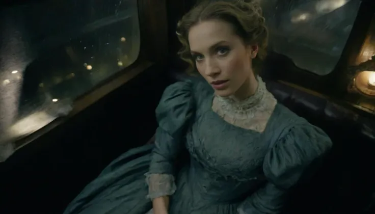 Cinematic Film Still, Rated R, Movie Still, Victorian Era, 1850 \(year\), An upper class European woman, sitting, Victorian Dress, fancy, Posh, Luxurious Victorian Era Carriage interior, at night, stormy, rain on carriage windows, from above, looking at viewer, flirty expression,
detailed facial features, beautiful, harmonious, dim lighting, cinematic contrast, dynamic shadows, film grain, extremely detailed, shot at a high angle