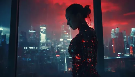 Cinematic Film Still, (movie still) From ex machina, corporate cyborg woman, made of mechanical parts, beautiful, cybernetic augmentations, wires, silicone, half machine, emotional scene, dramatic,
indoors, inside high-tech cyberpunk high-rise corporate office, tall glass windows, cyberpunk cityscape, raining outside, soft red ambient lighting, cinematic contrast,  moody, [evil], corpo, dynamic shadows, harmonious, film grain, extremely detailed, dynamic angle