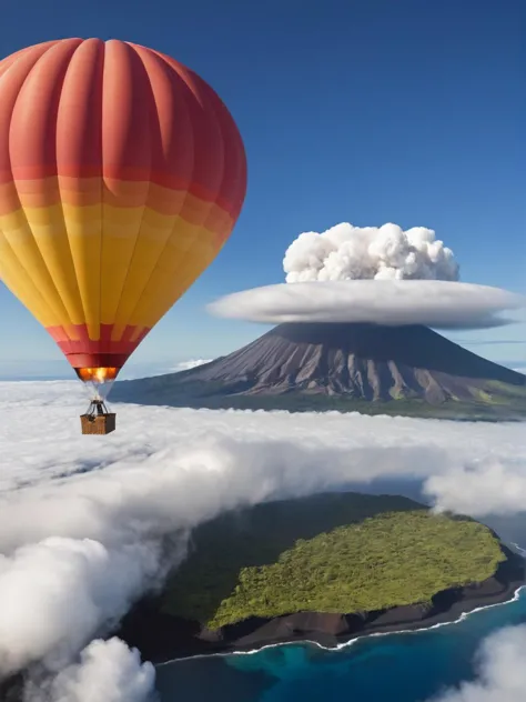 side view of a futuristic hot air balloon, burner operating, island volcano in the distance, , mammatocumulus cloud, heavenly