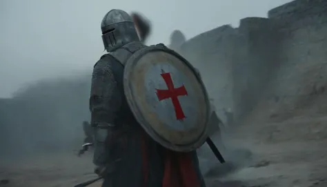 (Cinematic Still Frame), 1300 \(year\), (action scene), crusader of the Knights Templar, solo, anger, steel plate armor, (war), in battle, damaged armor, dents,  bloody, Surcoat which depicts the red cross patte, ancient Syrian architecture, Great Crusades, muscular, detailed skin texture, (warrior), natural lighting, mist, overcast, half silhouette, 50mm, F/5.6 lens, ISO 400, (extremely detailed), grim, gritty, Movie Still from Kingdom of Heaven, dynamic angle