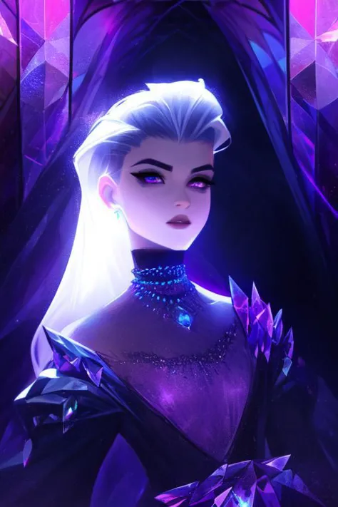 (sharpness 1.4),(highest quality),(((masterpiece))),(((perfect face))),1 girl, female goddess, godlike, long white hair, straight hair, slicked back hair, pale skin, purple eyes, seductive looking girl, evil looking girl, wearing silver breastplate over a purple dress, ((wearing amethyst jewelry)), small breasts, glowing purple lights, background 1 large stain glass window, ((no shoulder armor)), crystals, wearing crystals, crystal dress, camera waist up, facing camera, portrait, slim dress, glowing purple, background glowing purple, purple lighting, sam yang