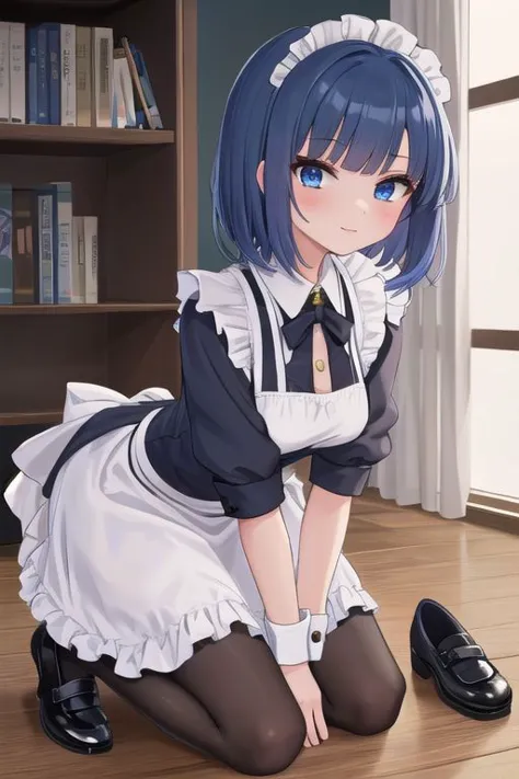 anime girl in maid outfit kneeling on the floor with her shoes on