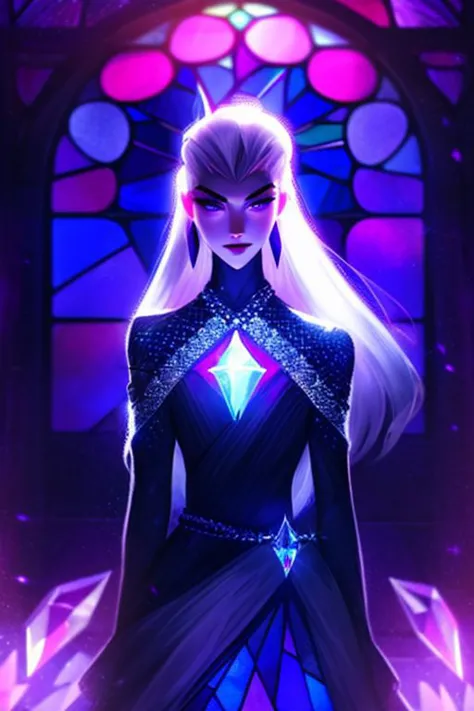 (sharpness 1.4),(highest quality),(((masterpiece))),(((perfect face))),1 girl, female goddess, godlike, long white hair, straight hair, slicked back hair, pale skin, purple eyes, seductive looking girl, evil looking girl, wearing silver breastplate over a purple dress, ((wearing amethyst jewelry)), small breasts, glowing purple lights, background 1 large stain glass window, ((no shoulder armor)), crystals, wearing crystals, crystal dress, camera waist up, facing camera, portrait, slim dress, glowing purple, background glowing purple, purple lighting, sam yang