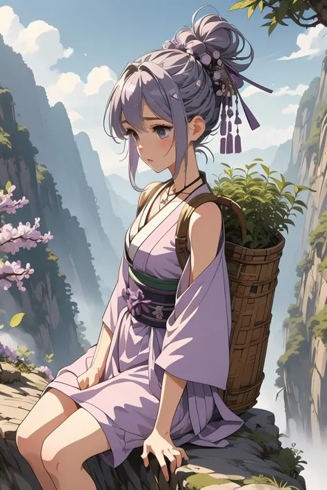 a woman sitting on a rock with a basket of flowers