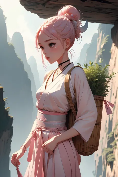 (masterpiece, best quality), 1girl,  Peachy Pink High Bubble Ponytail with Hair Cuff, tiny breasts,  <lora:girlliketightrope:1> ...