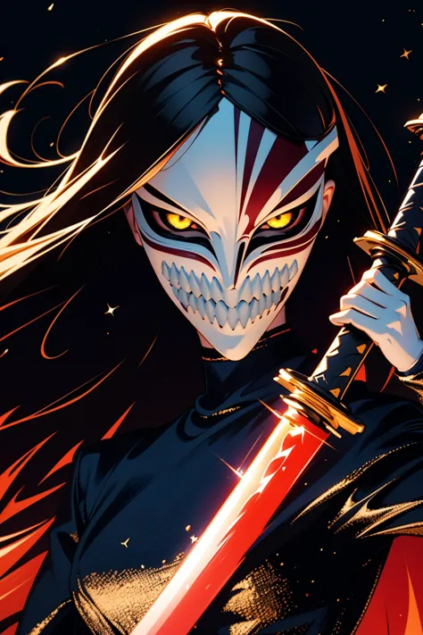 solo, masterpiece, hires,high resolution, best quality, (action shot) of bratz, large breasts, beautiful, red battle dress, long black hair, (hollowfication, red liquid mask:1.3), glowing eyes, spiky teeth, looking at viewer, (hailoknight, Solo, 1girl, holding glowing katana infront of her, holding sword:1.4), photoshoot, on top of a large colomn, nighttime, white desert background