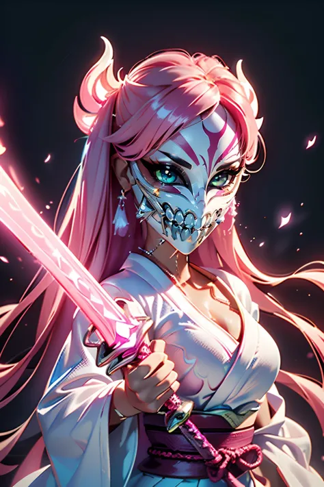 anime girl with pink hair holding a sword and wearing a skeleton face paint